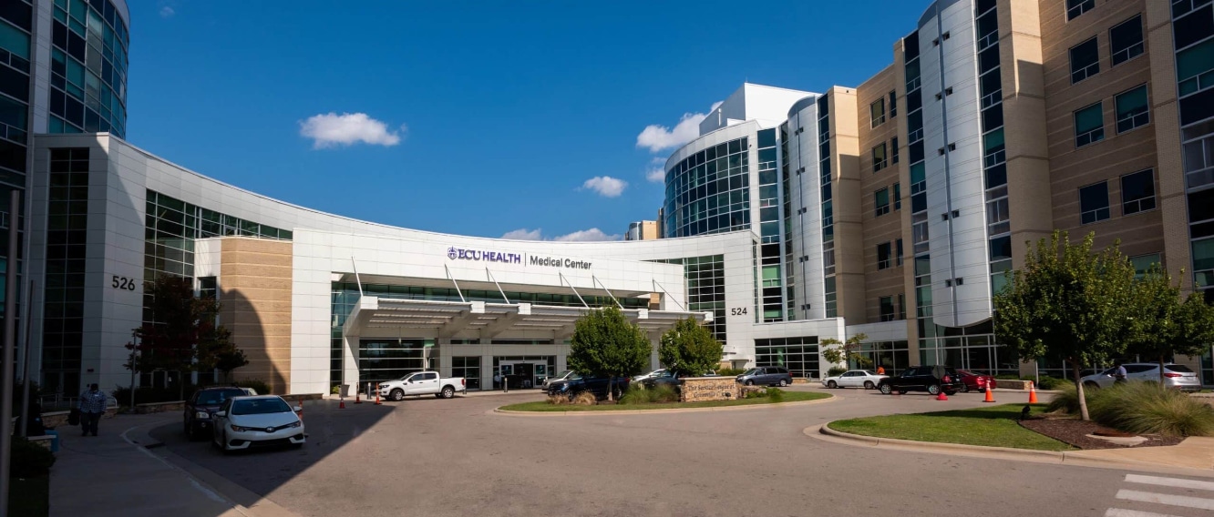 The exterior of ECU Health Medical Center, near the Eddie and Jo Allison Smith Tower.