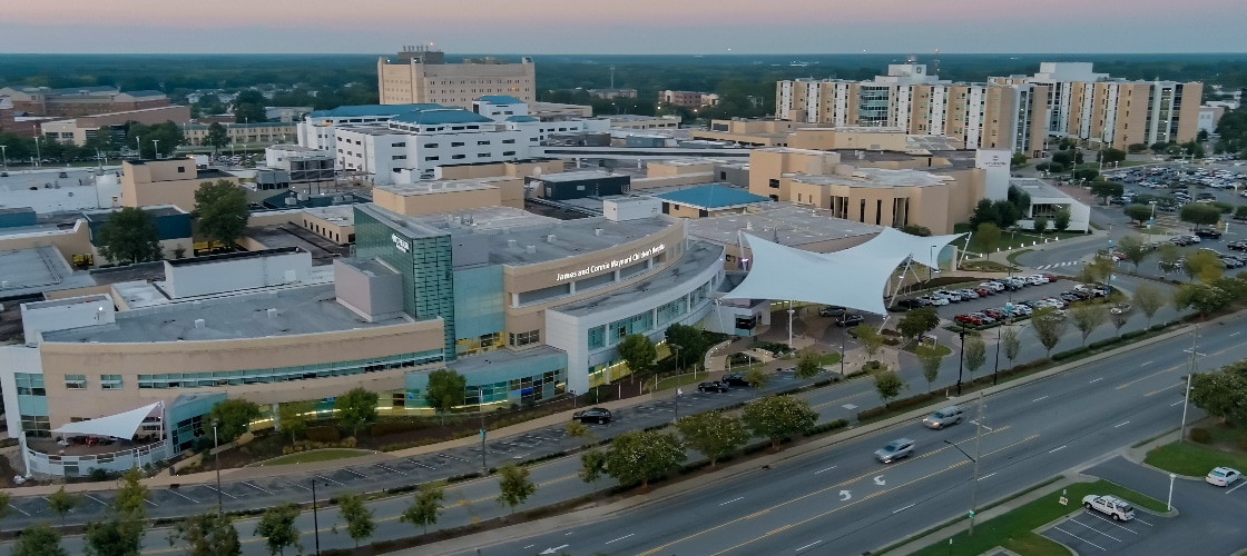 The exterior of the Maynard Children's Hospital at ECU Health Medical Center is shown from a drone.