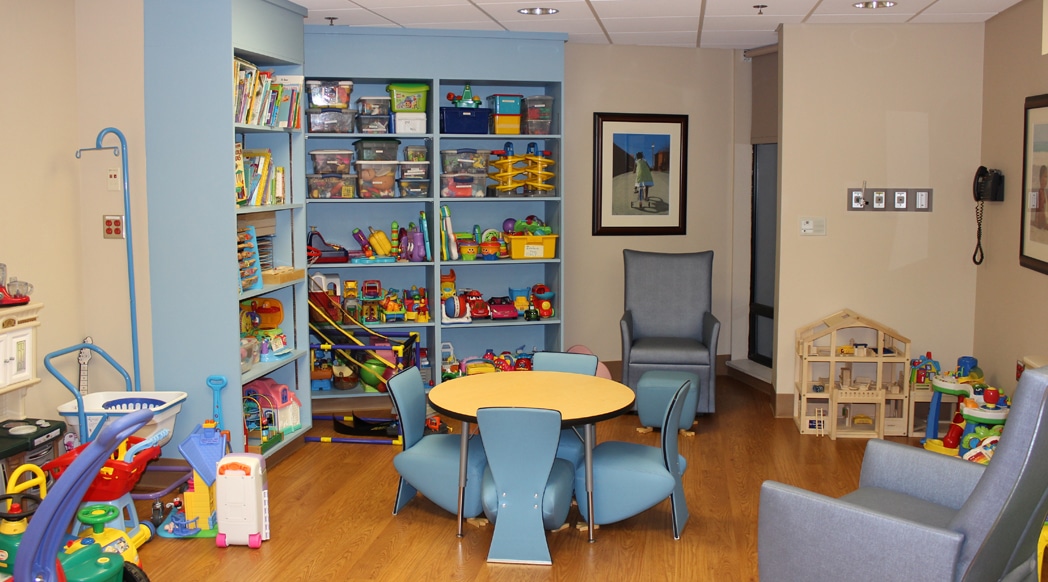 The playroom in Peds includes all ages of activities including a separate teen lounge for older activities.