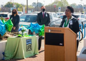Gerri Ashe speaks during the Pause to Give Life event at ECU Health Medical Center.