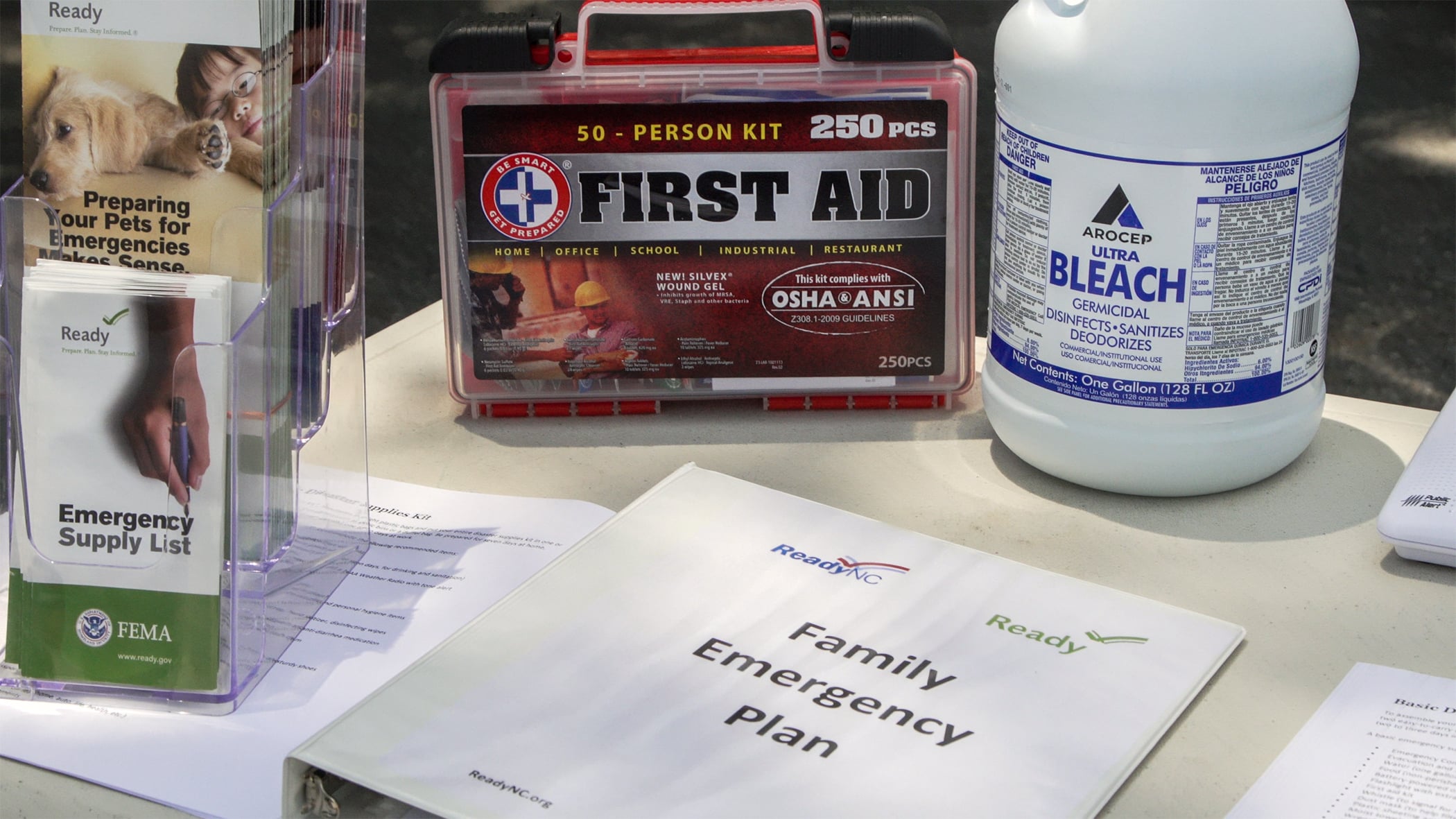 Some items and planning tools for an emergency kit.