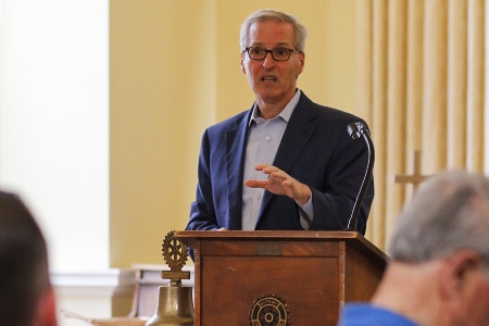 Dr. Michael Waldrum, CEO of ECU Health and Dean of the Brody School of Medicine at East Carolina University, speaks to the Edenton Rotary Club during a meeting on March 17, 2022.
