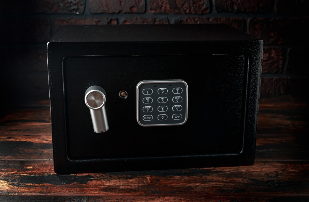 GettyImages-1202459964 A safe is shown on a counter.