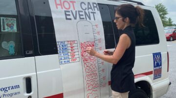 Ellen Walston marks the interior temperature of a car during a hot car safety event in Greenville.