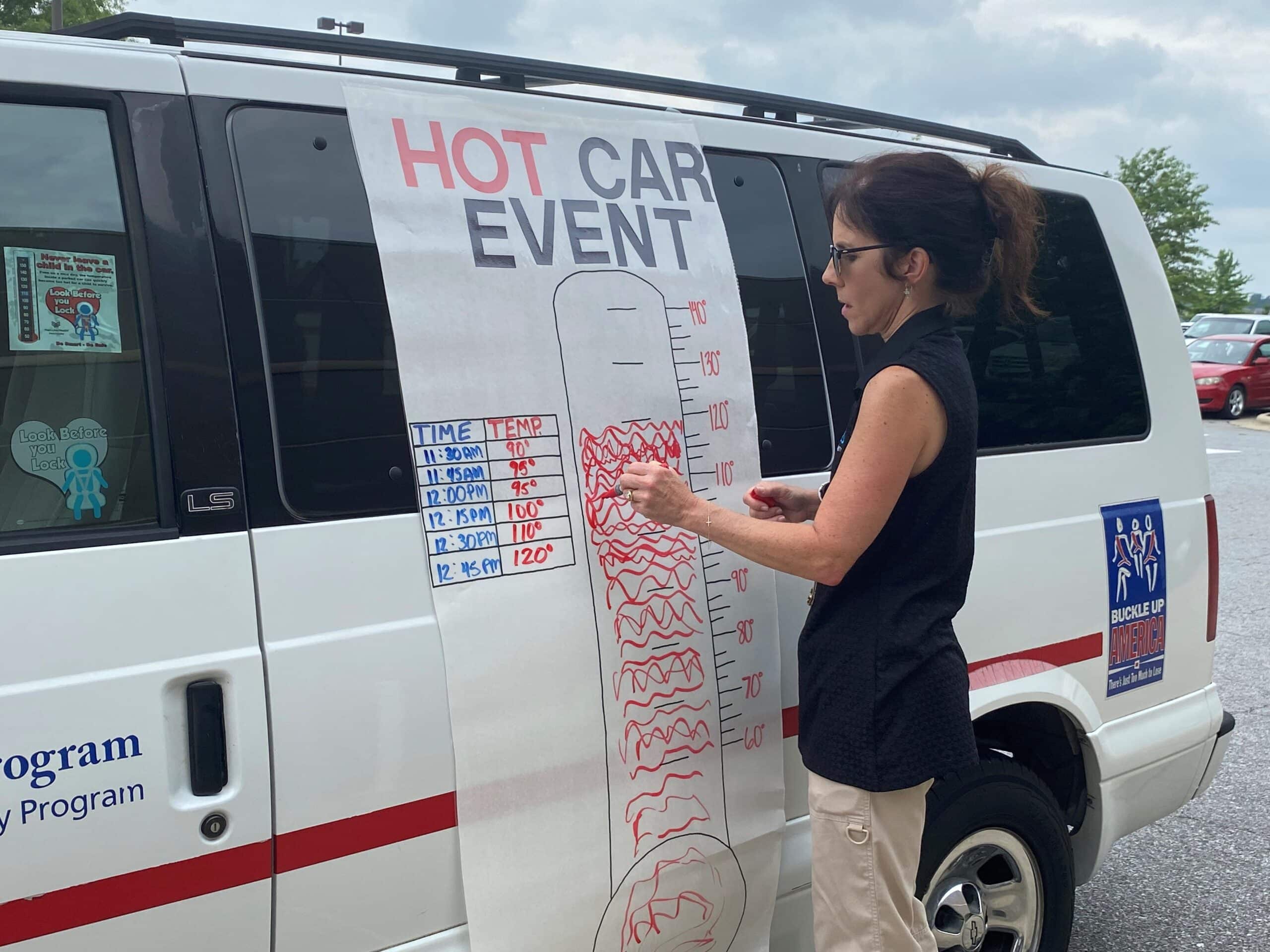 Ellen Walston marks the interior temperature of a car during a hot car safety event in Greenville.