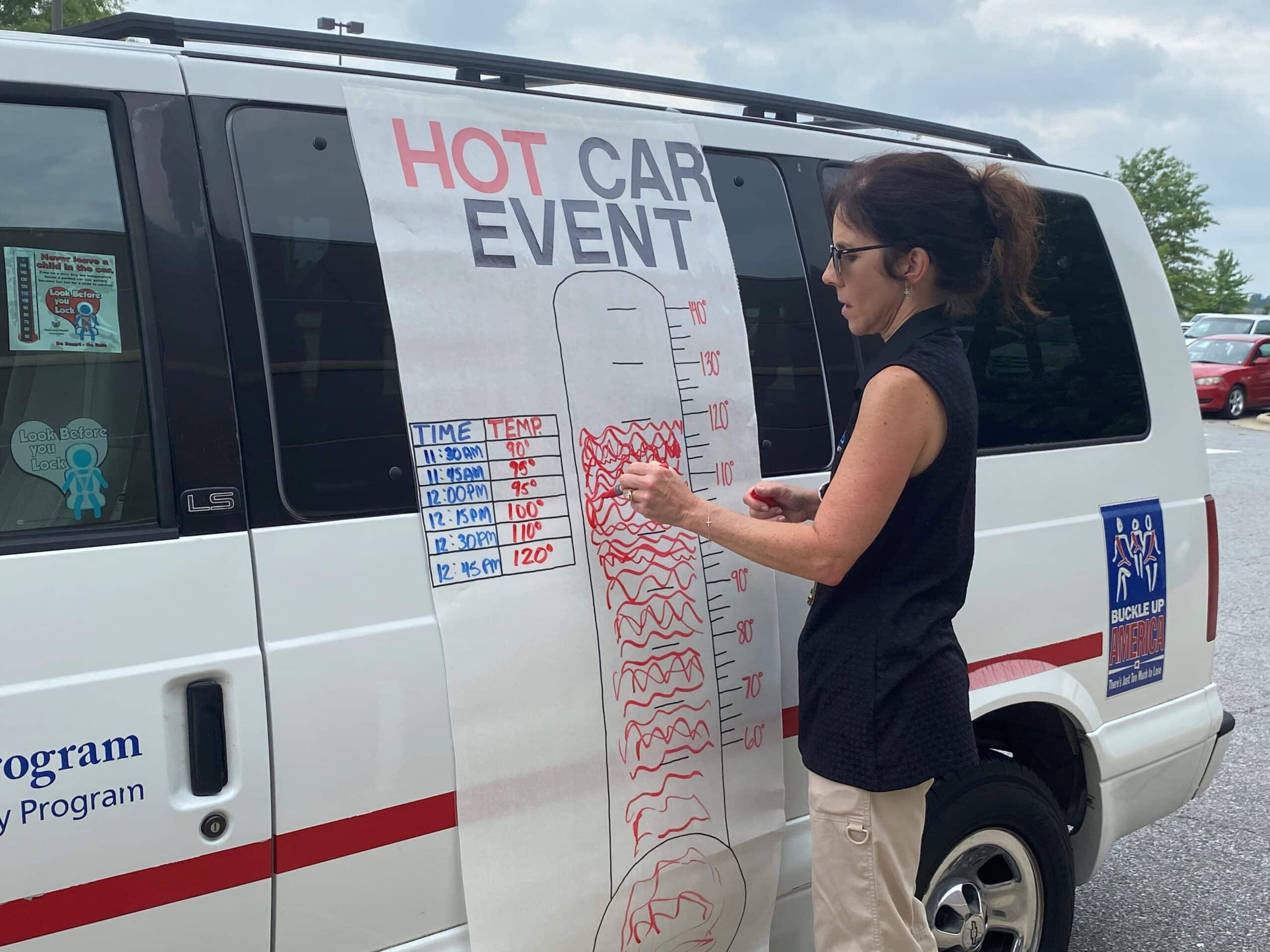 Hot Car Safety photo Ellen Walston marks the interior temperature of a car during a hot car safety event in Greenville.