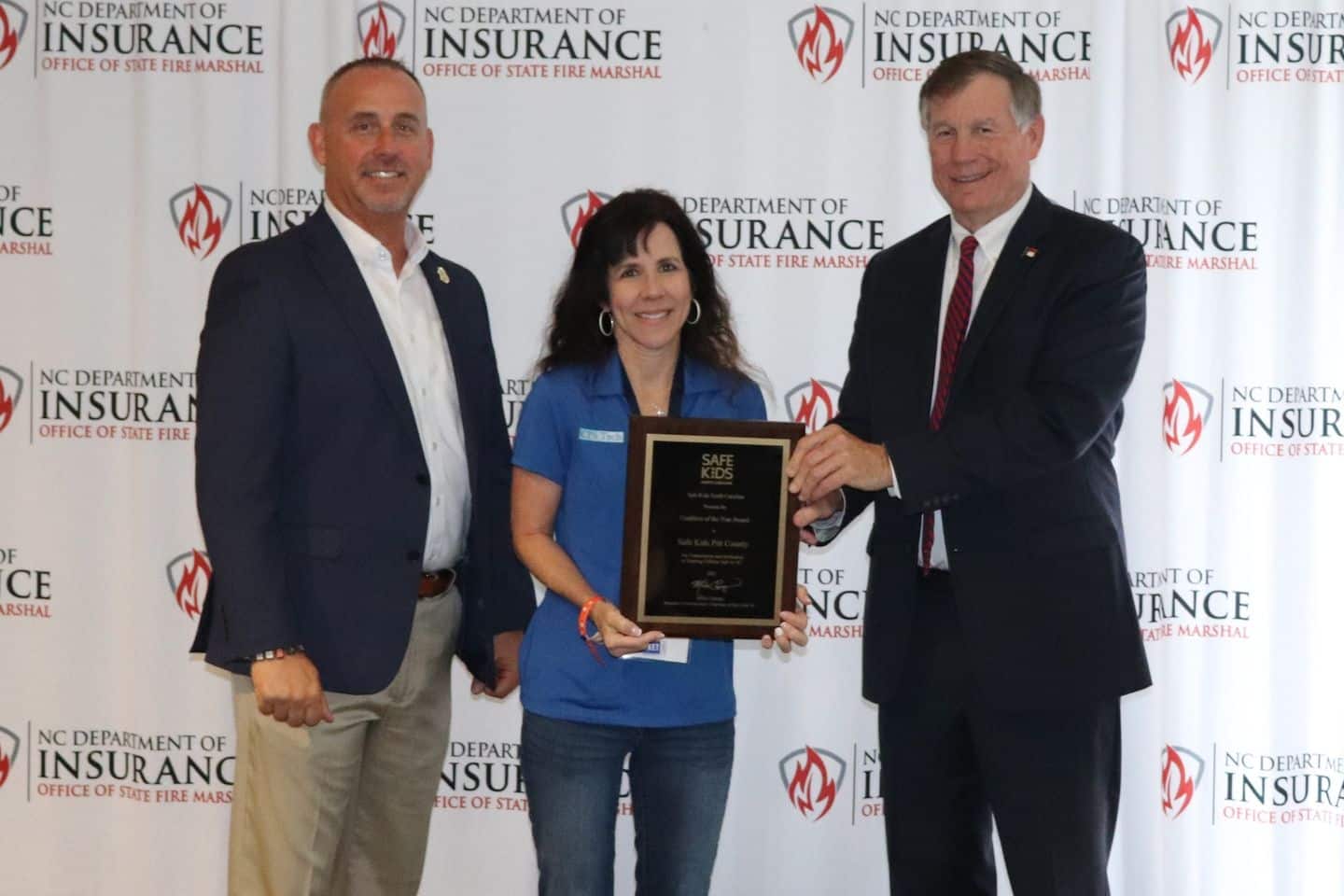 Safe Kids Pitt County and Ellen Walston were recognized as the Safe Kids North Carolina Coalition of the year by NC Commissioner of Insurance Mike Causey, and State Fire Marshall Brian Taylor.