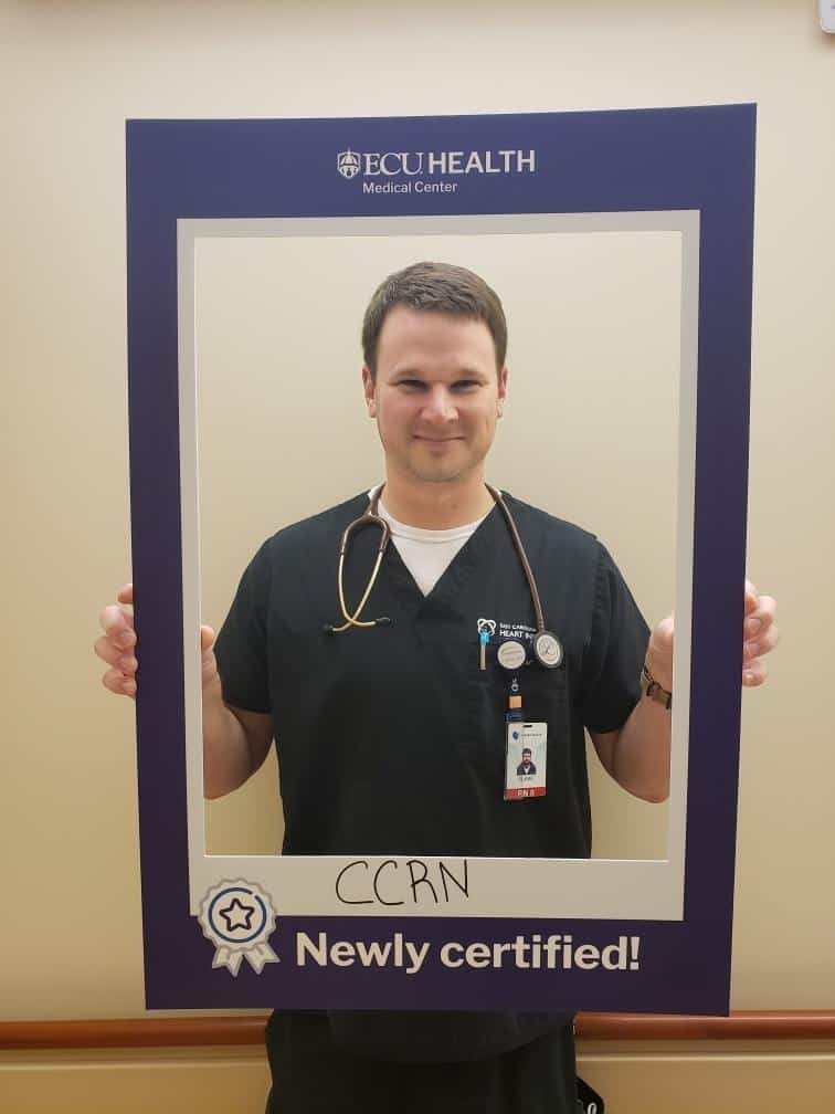 Charles “Blake” Compliment, BSN, RN, CCRN, works on CVICU, and received his Critical Care Registered Nurse (CCRN) certification.