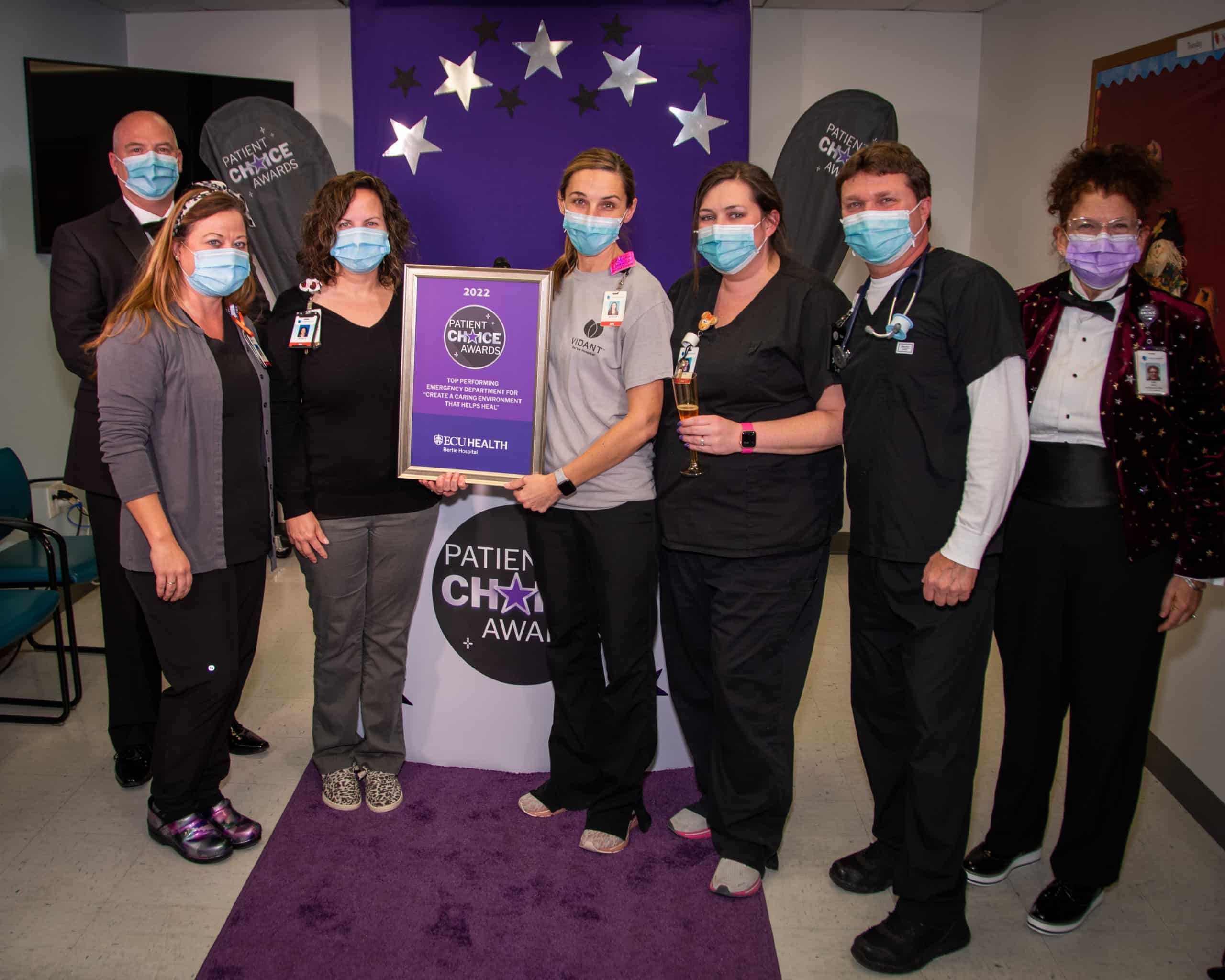 The ECU Health Bertie Hospital – Emergency Department team poses for a photo after winning the Patient Choice Award for Top Performing Emergency Department for Creating a Caring Environment that Helps Heal.