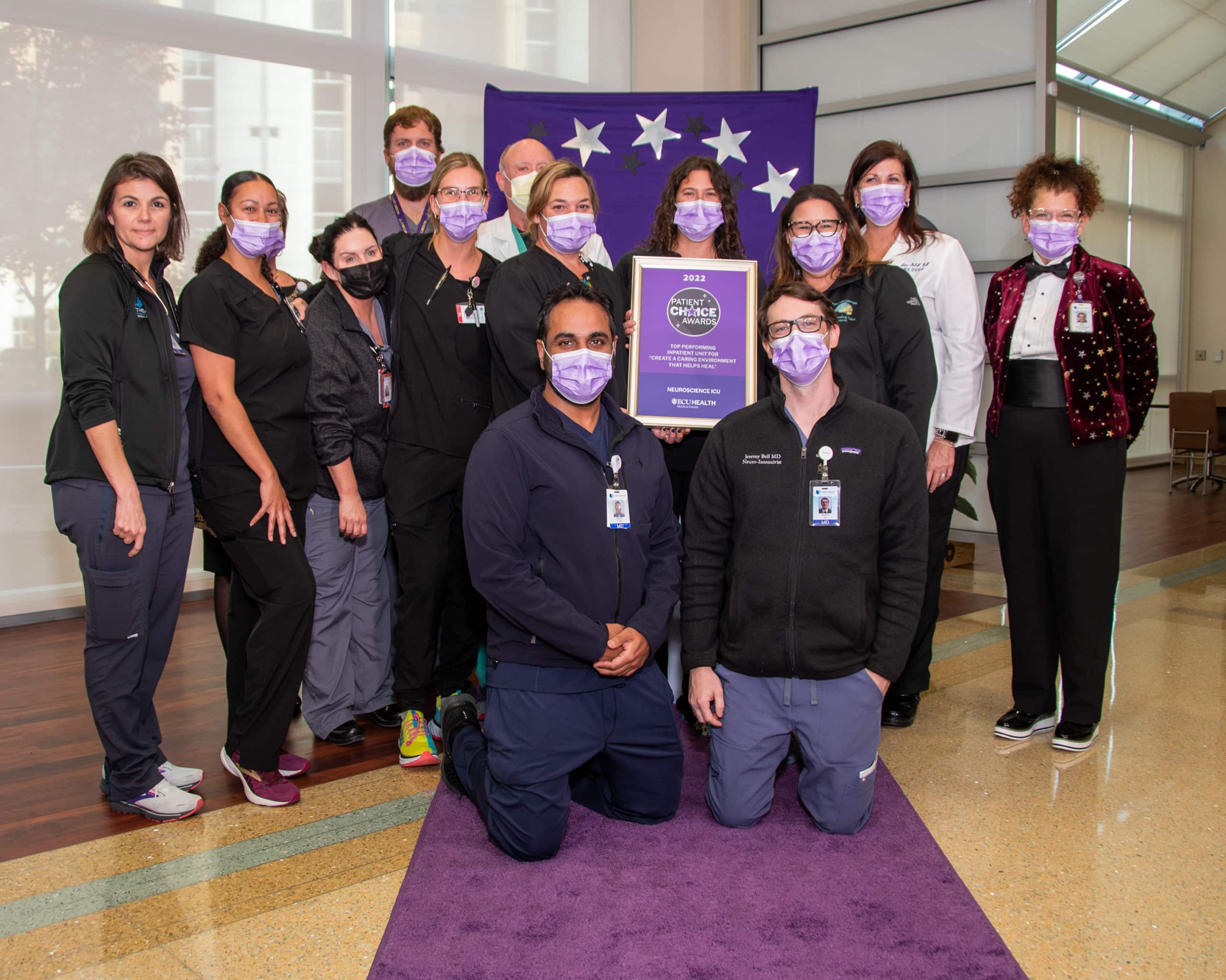 The ECU Health Medical Center – Neuroscience ICU team poses for a photo after winning the Patient Choice Award for Top Performing Inpatient Unit for Creating a Caring Environment that Helps Heal.