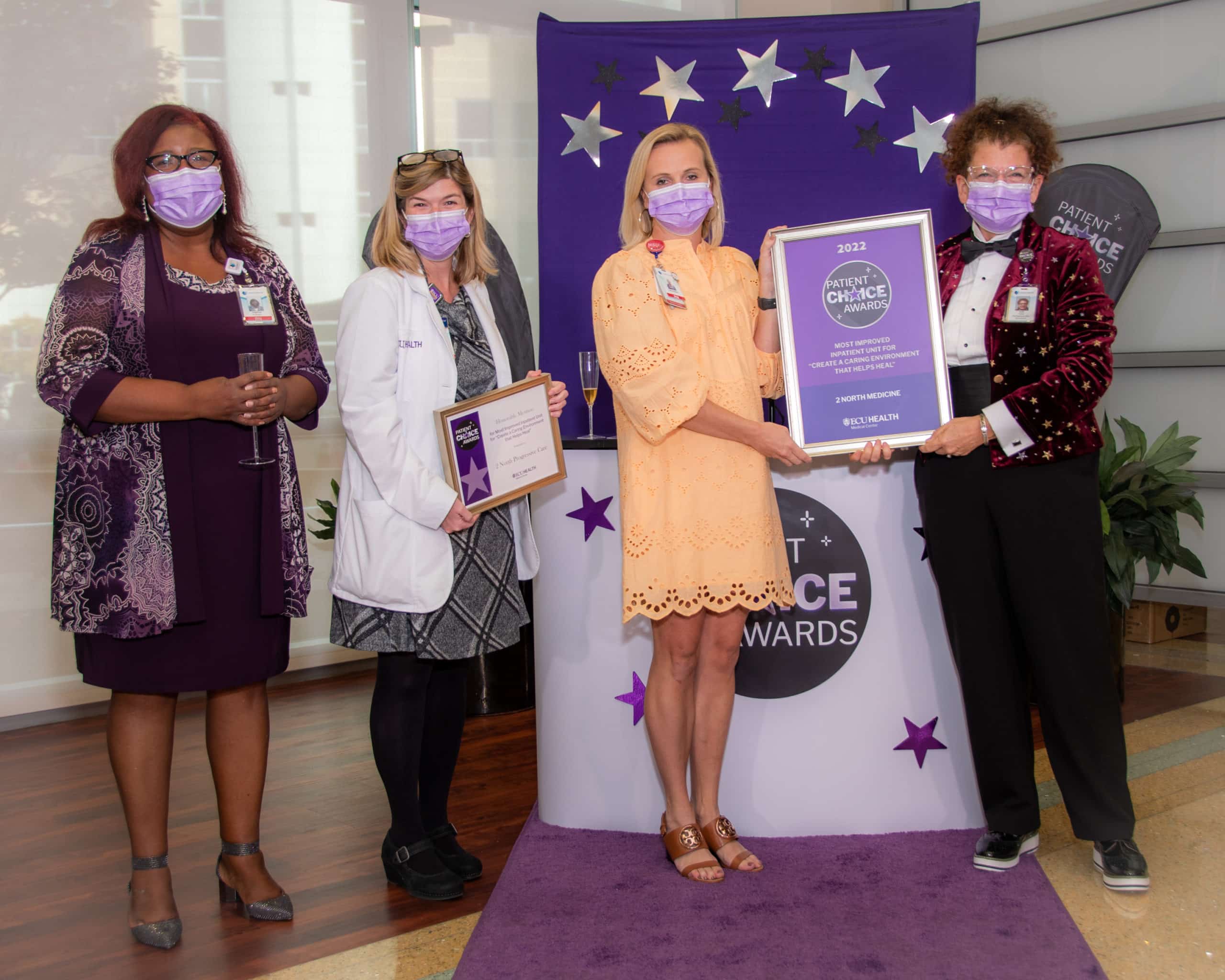 1_MostImpv-2NorthMedicine-MedCtr_3972 The ECU Health Medical Center – 2 North Medicine team poses for a photo after earning the Patient Choice Award for Most Improved Inpatient Unit for Creating a Caring Environment that Helps Heal.