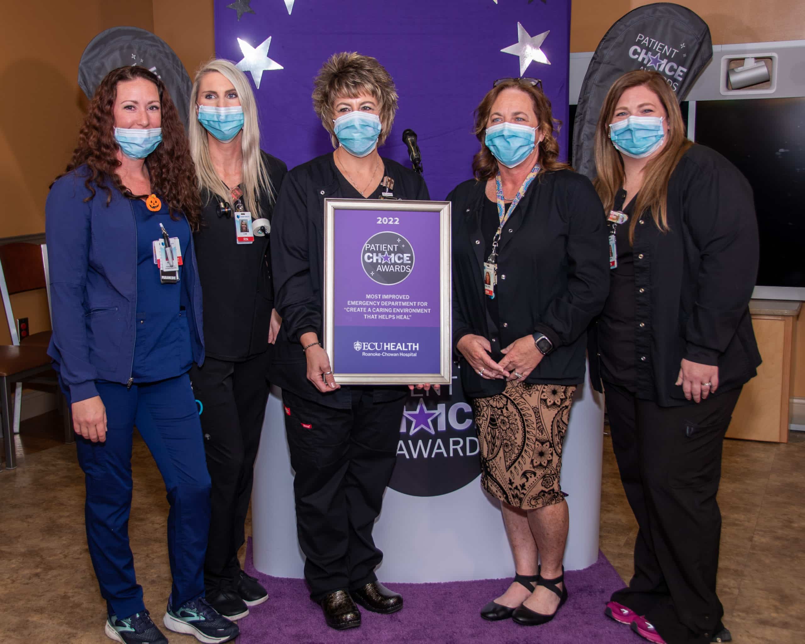 3_MostImpv-EmergencyDept-RoCho_4143 The ECU Health Roanoke-Chowan Hospital – Emergency Department team poses for a photo after being presented with the Patient Choice Award for Most Improved Emergency Department for Creating a Caring Environment that Helps Heal.