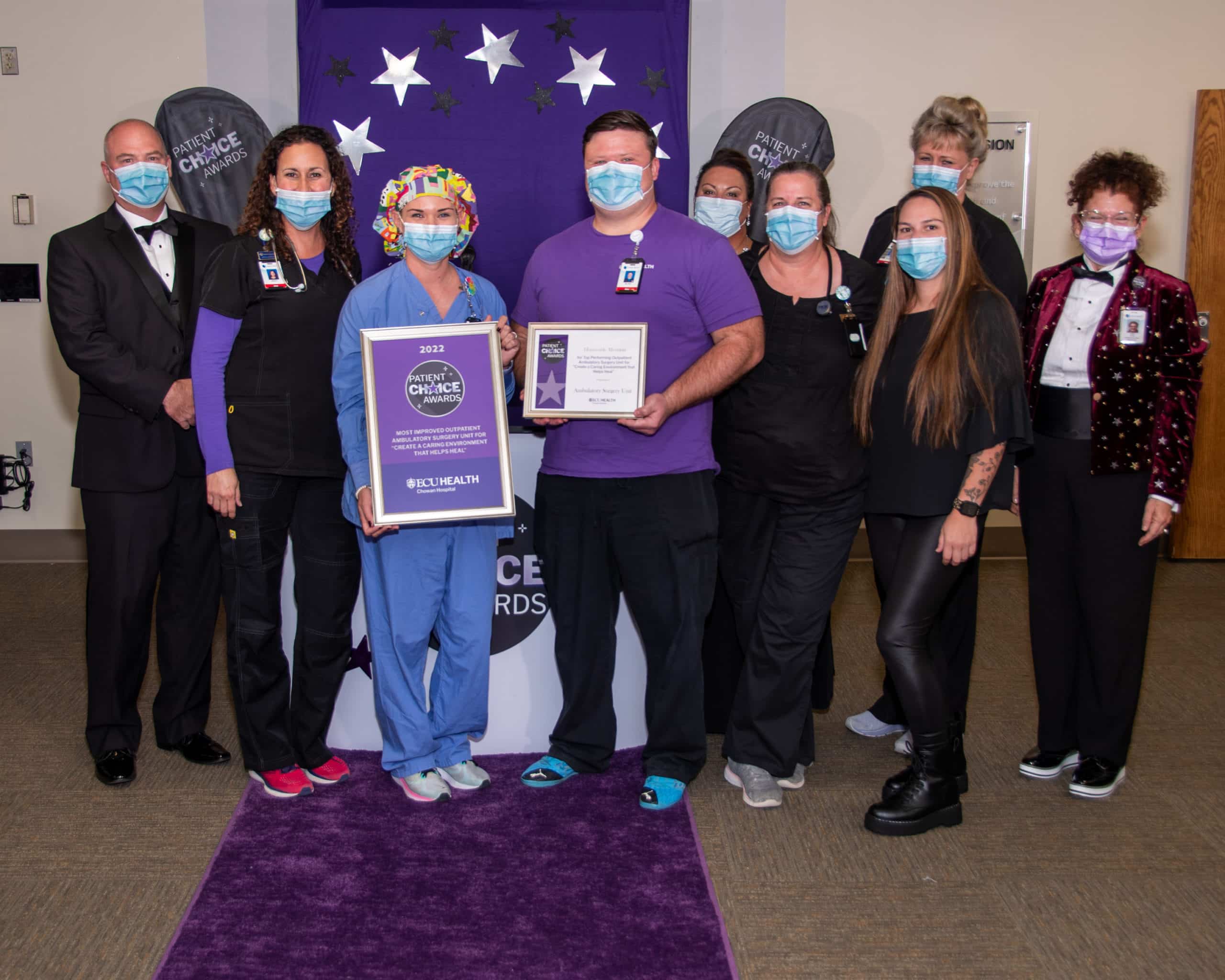 8_MostImpv-AmbulSurgery-Chowan_4219 The ECU Health Chowan Hospital – Ambulatory Surgery Unit team poses for a photo after earning the Patient Choice Award for Most Improved Ambulatory Surgery Unit for Creating a Caring Environment that Helps Heal.