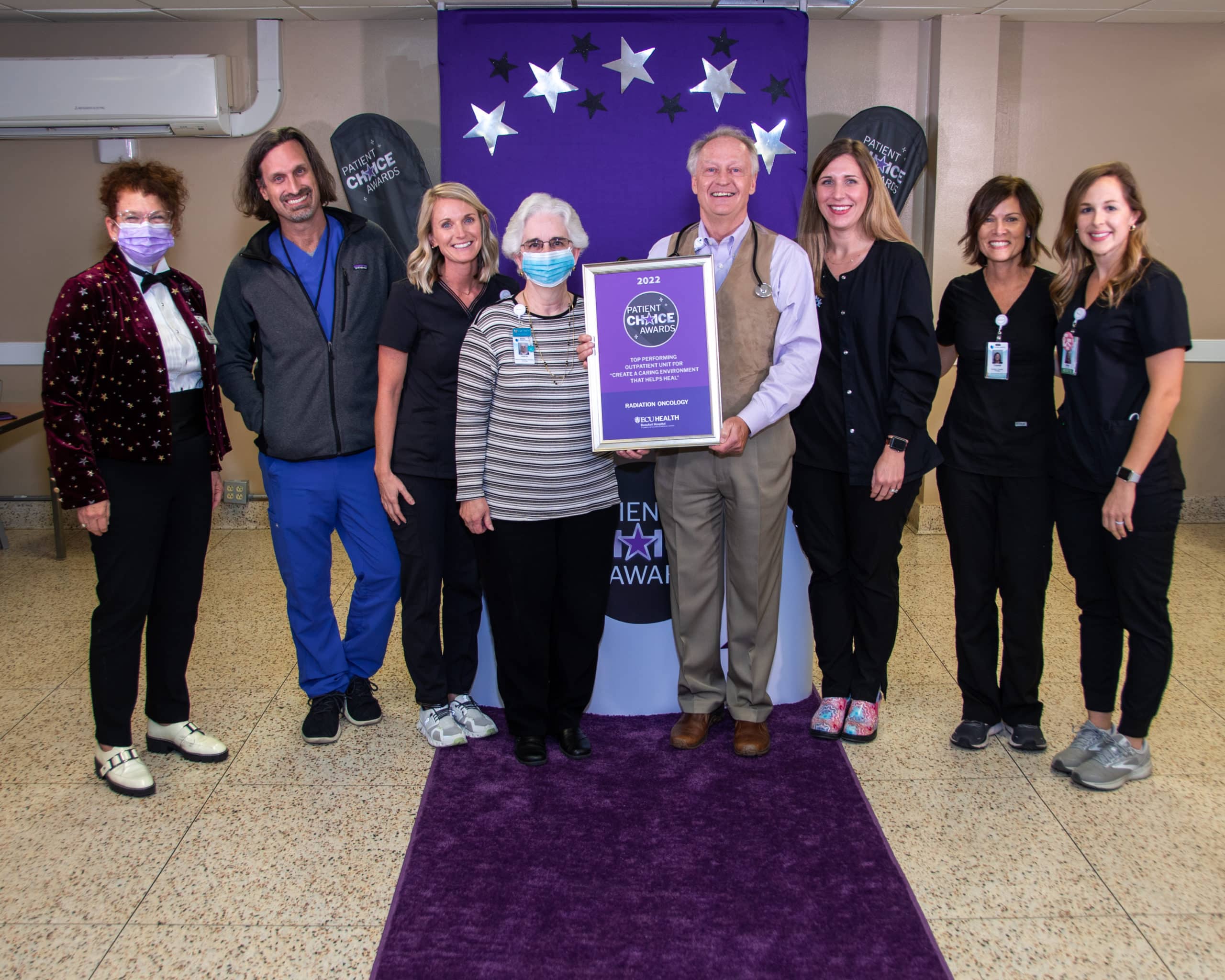 9_TopPerf-RadiationOnc-Beaufort_4663 The ECU Health Beaufort Hospital – Radiation Oncology team poses for a photo after earning the Patient Choice Award for Top Performing Outpatient Unit for Creating a Caring Environment that Helps Heal.