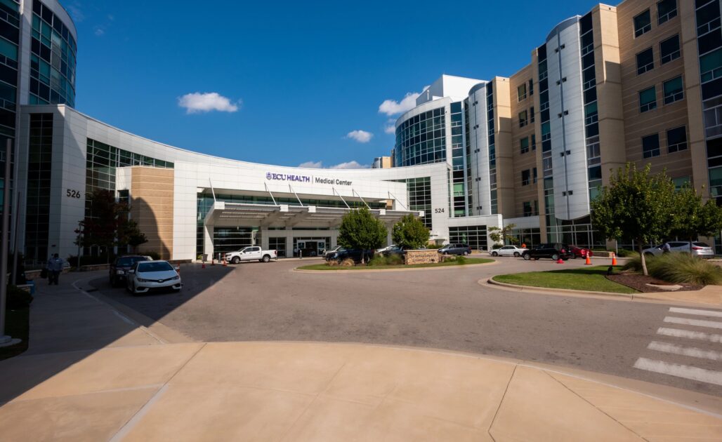 The exterior of ECU Health Medical Center, near the Eddie and Jo Allison Smith Tower.