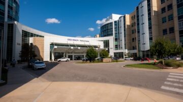 The exterior of ECU Health Medical Center, near the Eddie and Jo Allison Smith Tower.