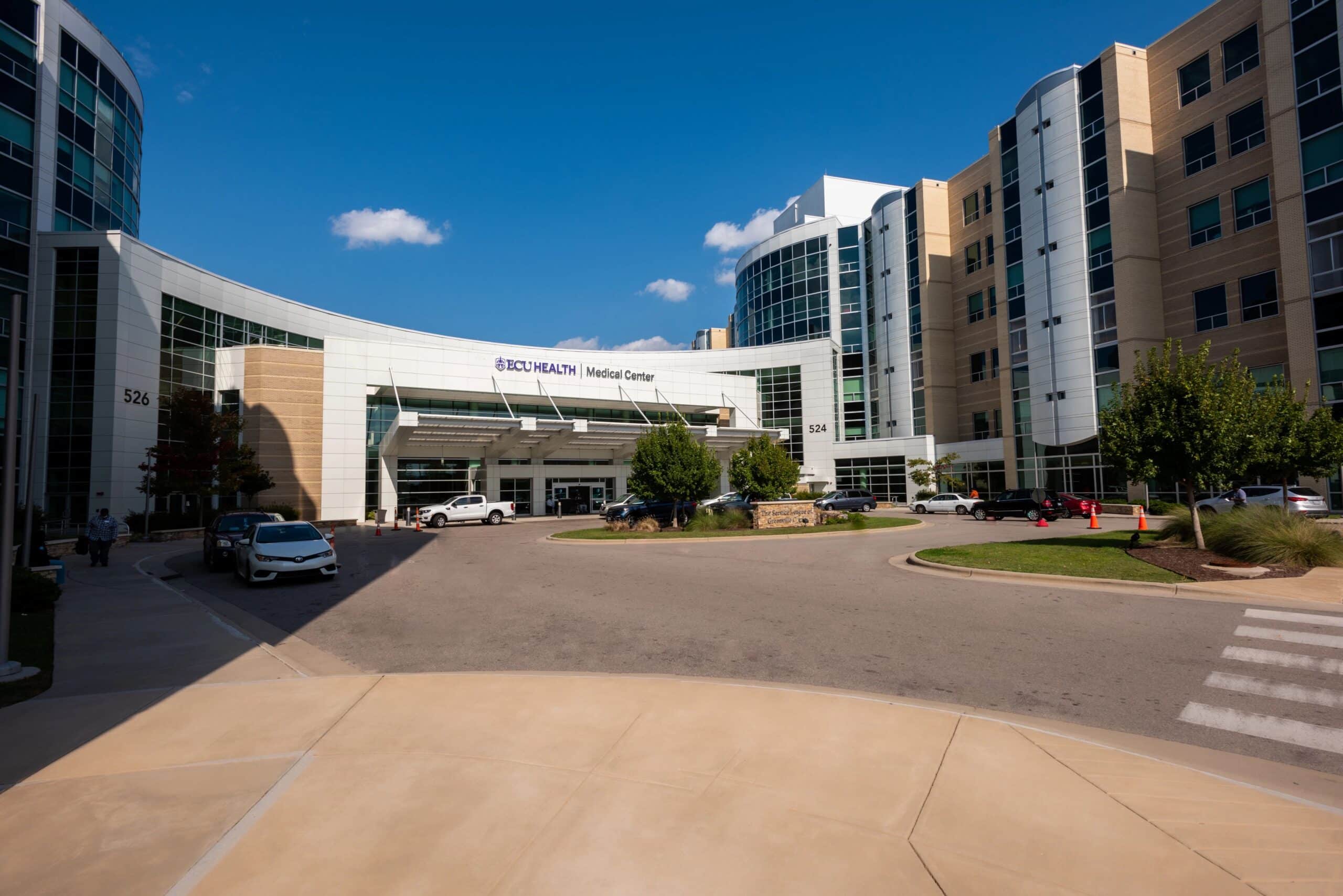 The exterior of ECU Health Medical Center, near the Eddie and Jo Allison Smith Tower.
