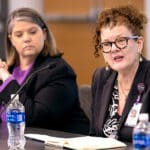 Julie Oehlert, Chief Experience Officer at ECU Health, participates in a discussion during the ECU Board of Trustees meeting.