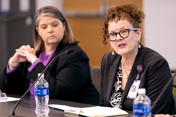 Julie Oehlert, Chief Experience Officer at ECU Health, particpates in a discussion during the ECU Board of Trustees meeting.
