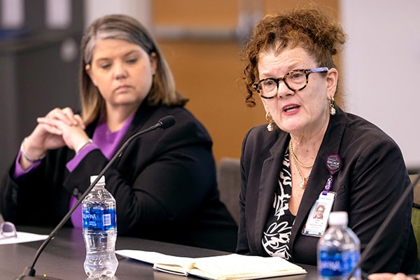 Julie Oehlert, Chief Experience Officer at ECU Health, participates in a discussion during the ECU Board of Trustees meeting.