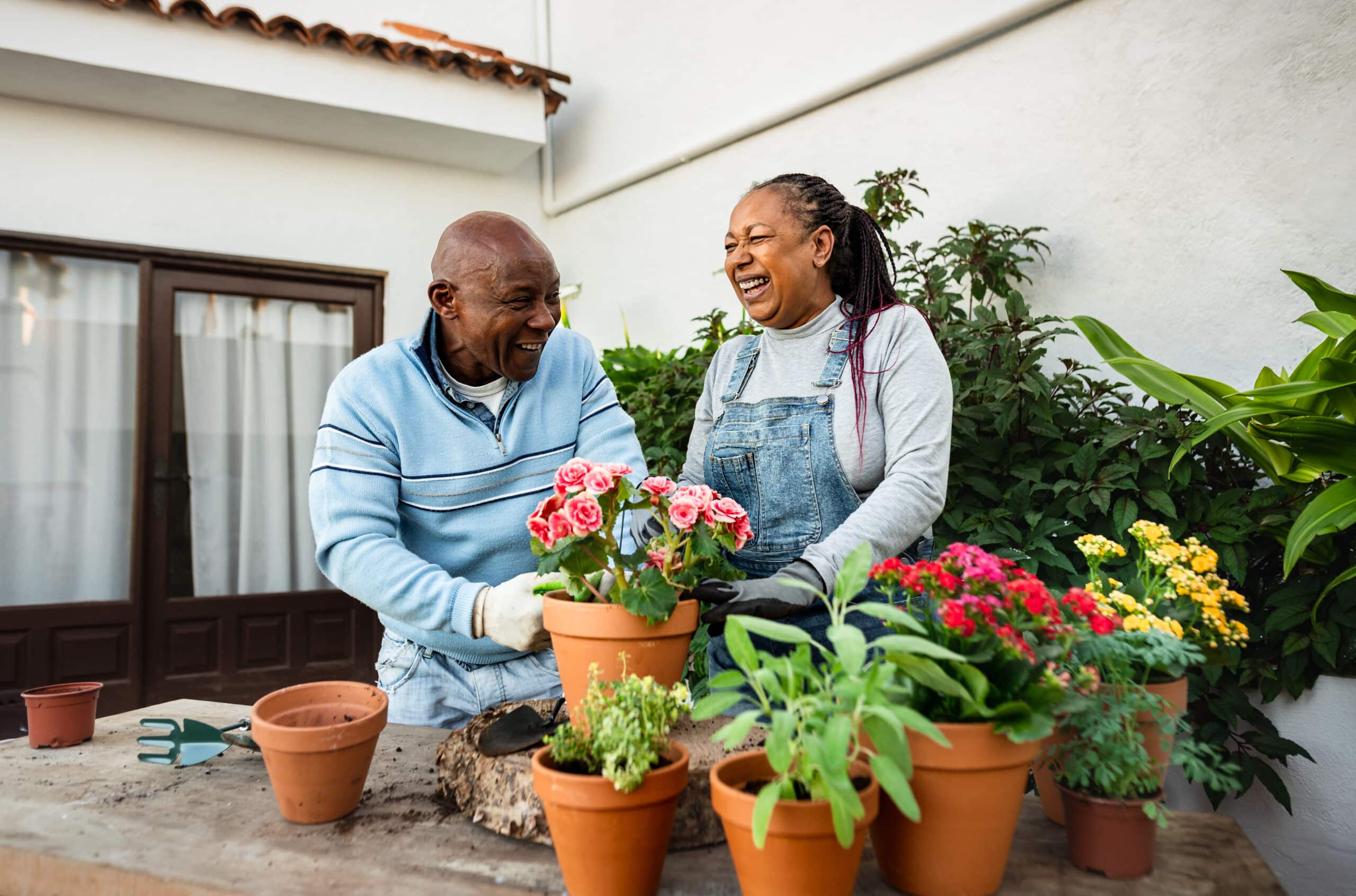 A couple gardens together at their home.