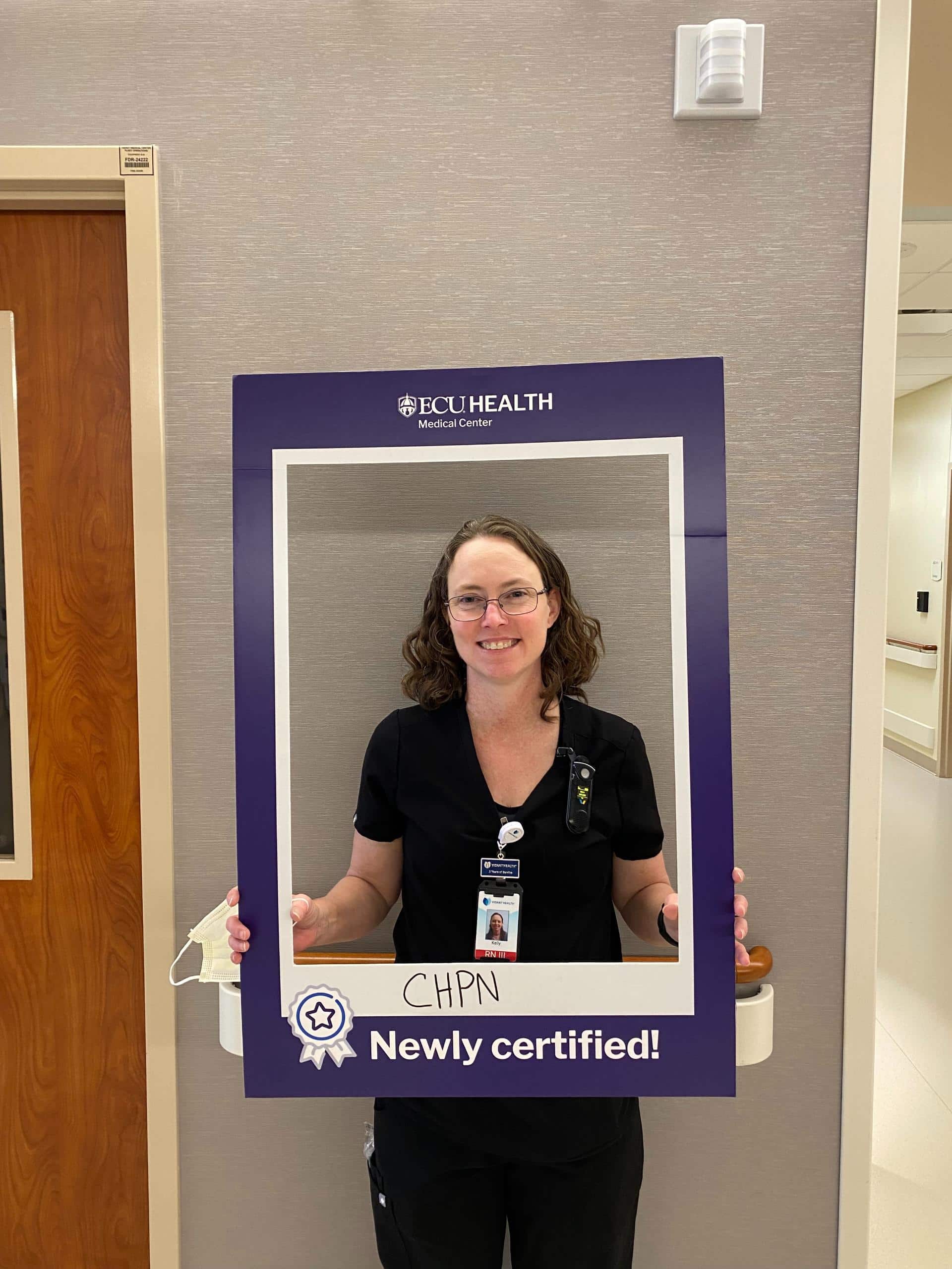 Kelly Outland works on Palliative Care, and she received her CHPN , Certified Hospice & Palliative Care Registered Nurse