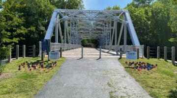 Grass leading to a walking bridge in Greenville is decorated with small pinwheels, each one recognizing a pediatric asthma patient seen at Maynard Children's Hospital.