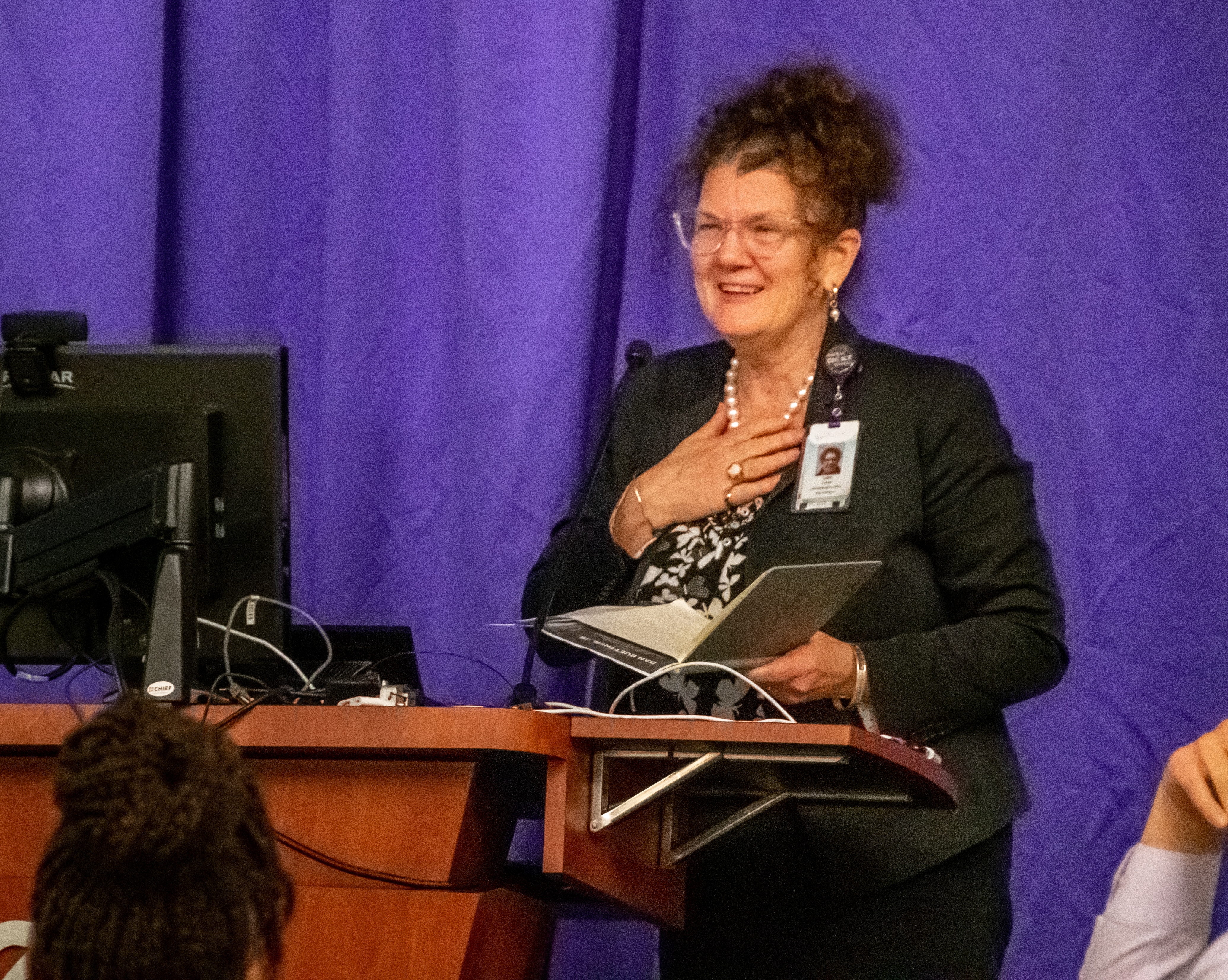 Dr. Julie Kennedy Oehlert, chief experience officer at ECU Health, speaks at a Blue Zone event at ECU Health Medical Center.