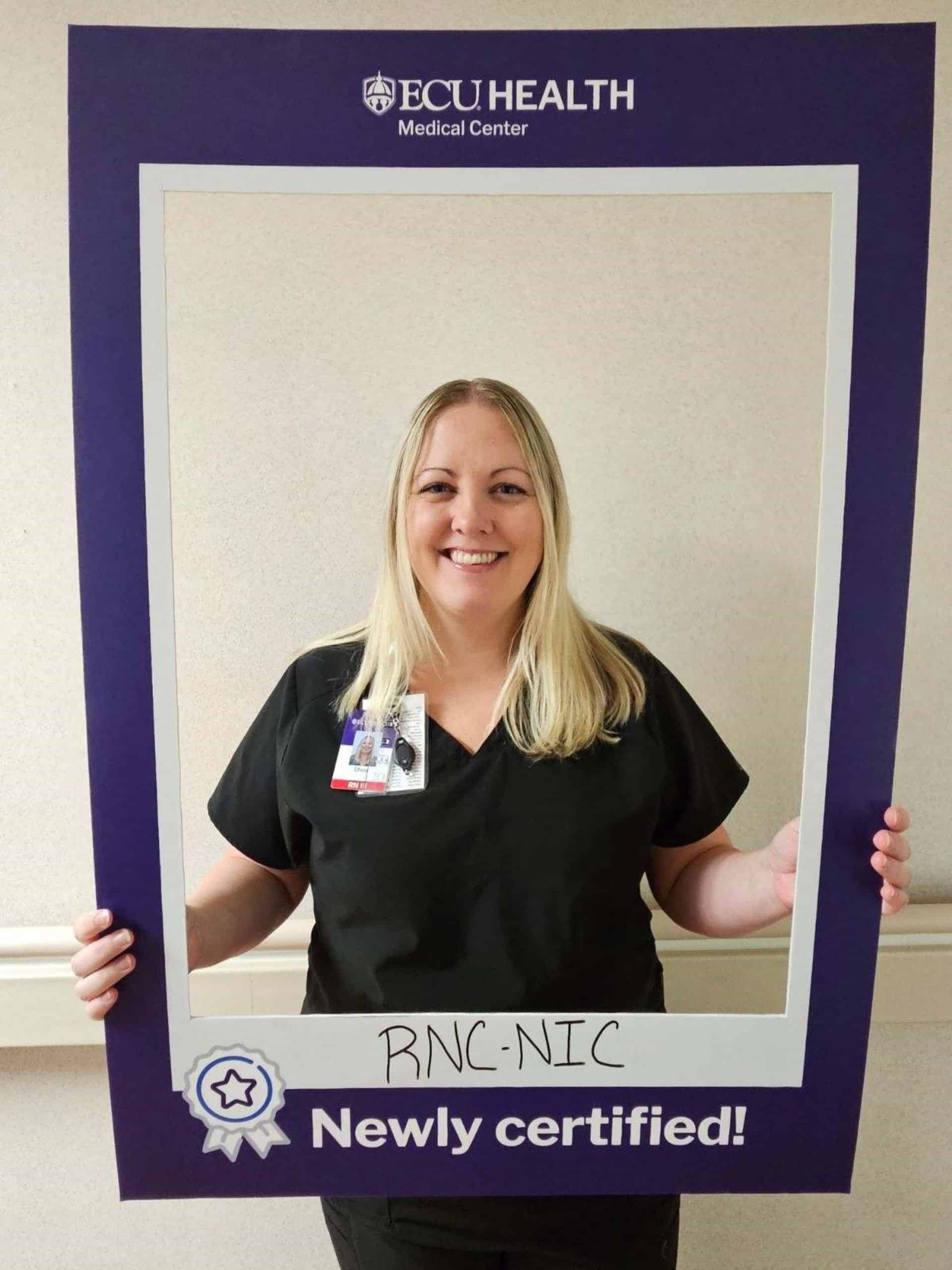 China Nuckolls, BSN, RN, RNC-NIC, works on NICU and she received her Neonatal Intensive Care Nursing specialty certification.