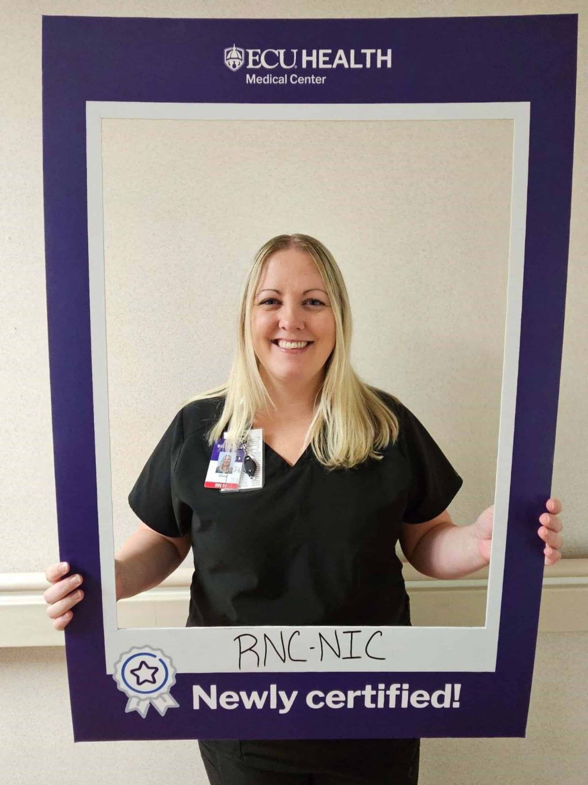 China Nuckolls 1920x2560 China Nuckolls, BSN, RN, RNC-NIC, works on NICU and she received her Neonatal Intensive Care Nursing specialty certification.