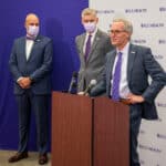 Dr. Michael Waldrum speaks with the media during ECU Health's logo reveal press conference.