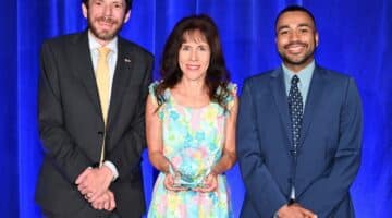 Ellen Walston poses for a photo with the Peter K. O'Rourke Special Achievement Award at the Governor’s Highway Safety Conference in New York City.