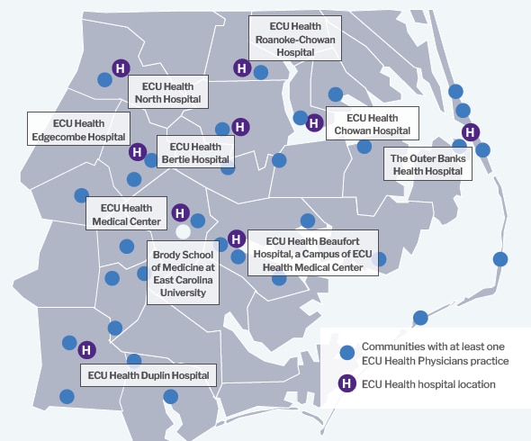 A map outlines the ECU Health service area in eastern North Carolina. Across 29 counties, ECU Health has nine hospitals and more than 110 physician practices.