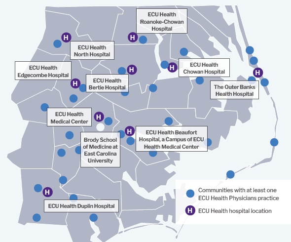 ECU Health Physicians Map A map outlines the ECU Health service area in eastern North Carolina. Across 29 counties, ECU Health has nine hospitals and more than 110 physician practices.