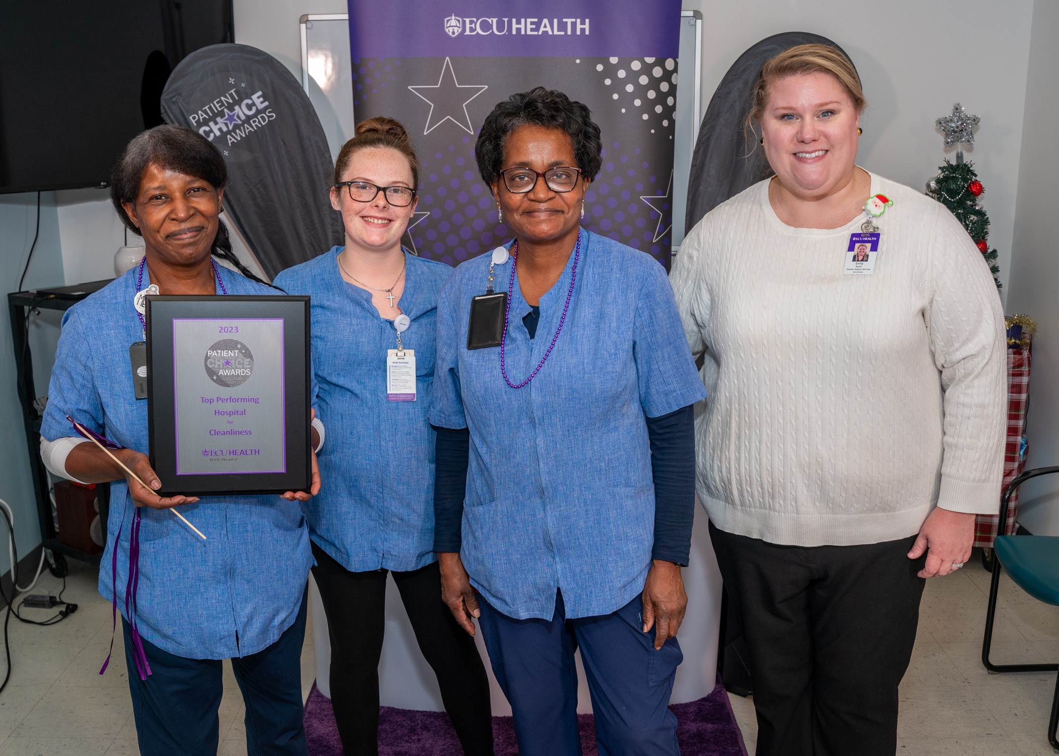 The ECU Health Bertie Hospital team gathers to celebrate their Patient Choice Award for Top Performing Hospital for Cleanliness.