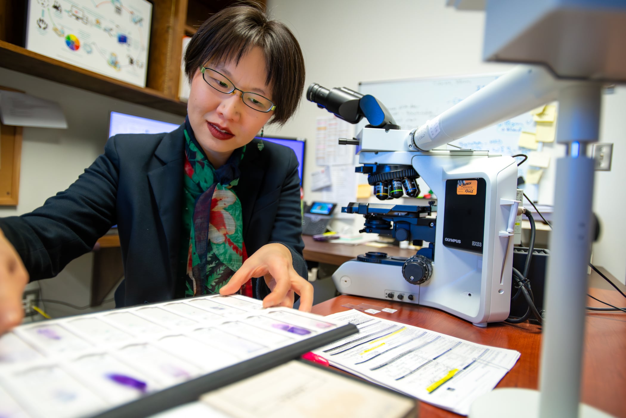 Dr. Yaolin Zhou makes notes during an examination of a sample.