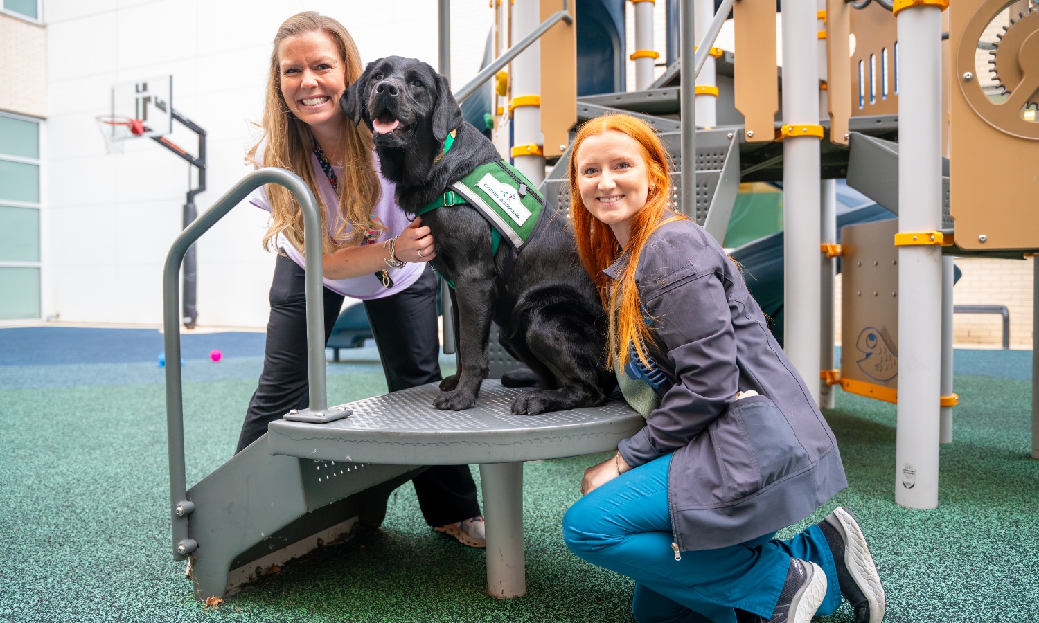 Maynard Canine Crew's handlers stand next to Sam on the playground at Maynard Children's Hospital.