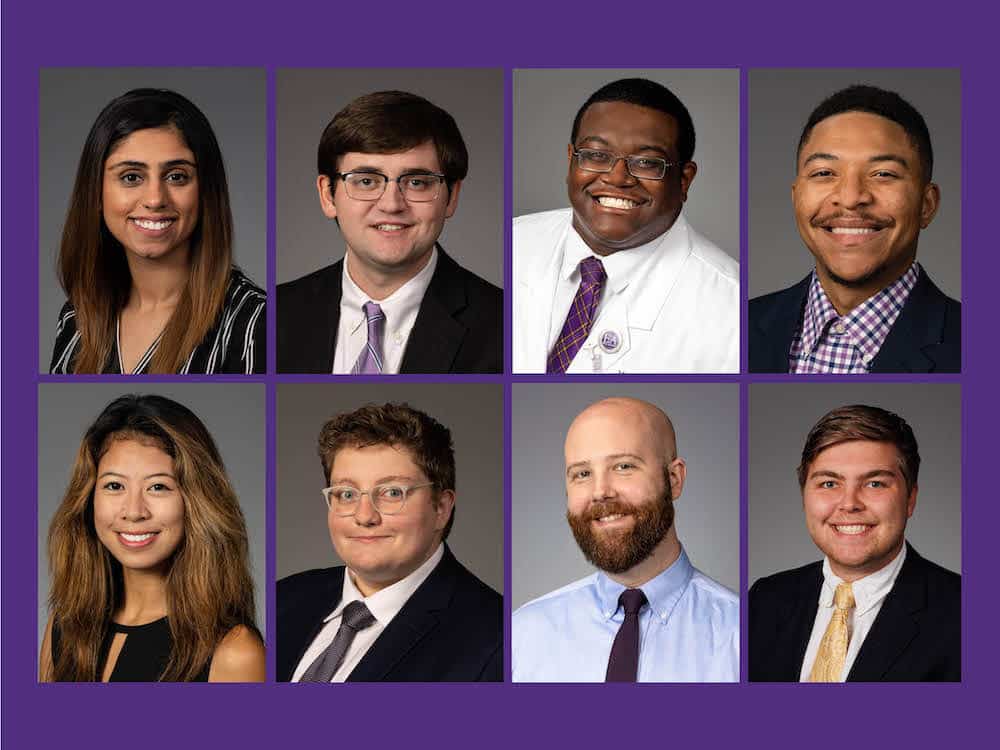Combined photo of, from left to right: Noor Baloch, Nolan Davis, Michael Denning, Charles Johnson, Hannah Rayala, Emmalee Todd, Ben Wise and Michael Wright. They will join students from other colleges and universities across the state in the North Carolina Medical Society Kanof Institute of Physician Leadership’s 2024 Future Clinician Leaders College (FCLC).