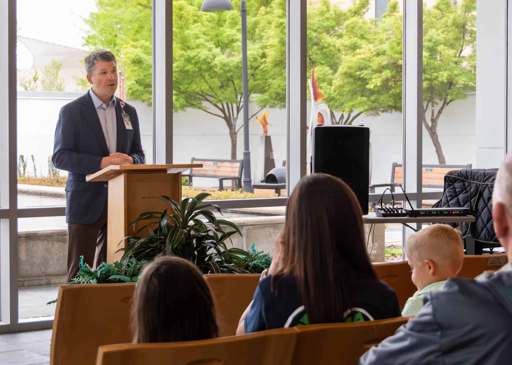ECU Health Medical Center President Jay Briley gives opening remarks during the Pause to Give Life event at ECU Health Medical Center's Interfaith Chapel.