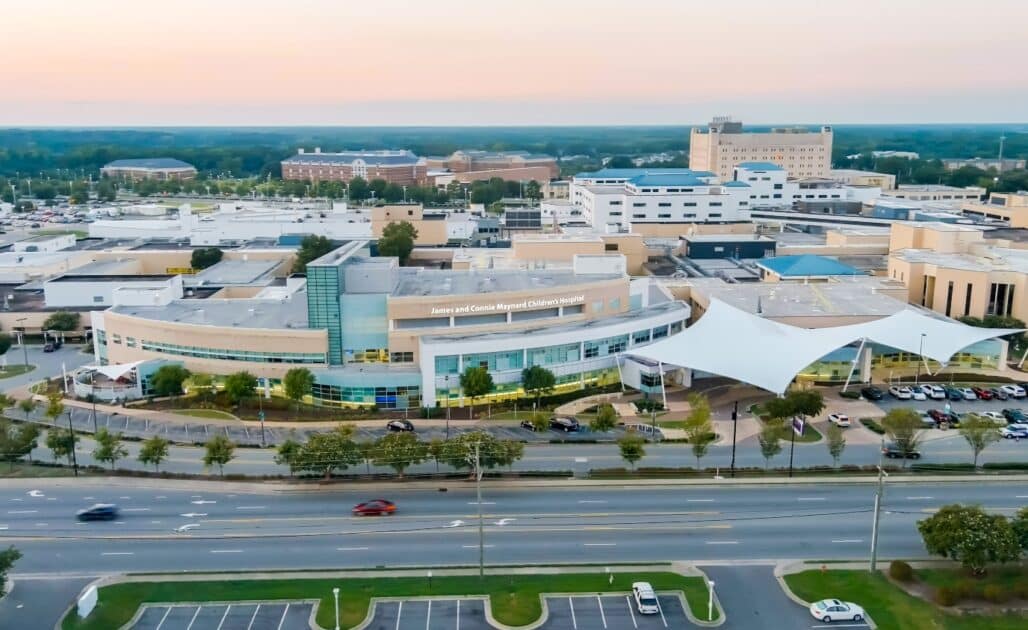 An exterior photo of Maynard Children's Hospital at ECU Health Medical Center.