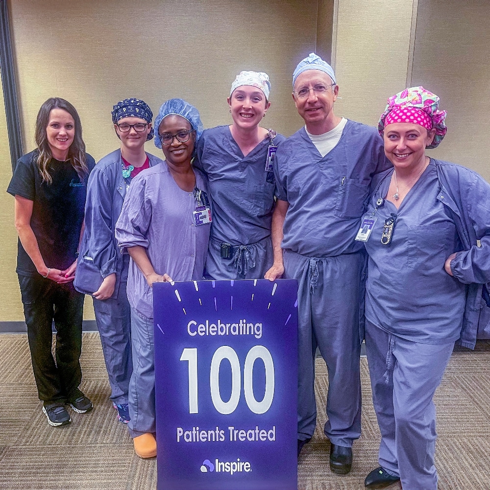 Inspire Therapy Procedure_EDIT Dr. Brodish and team pose for a photo to celebrate 100 patients treated with Inspire Therapy Procedure.