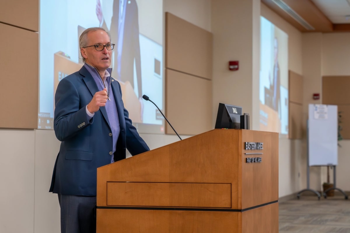 ECU Health CEO Dr. Michael Waldrum speaks during the Quality Improvement Symposium at ECU Health.