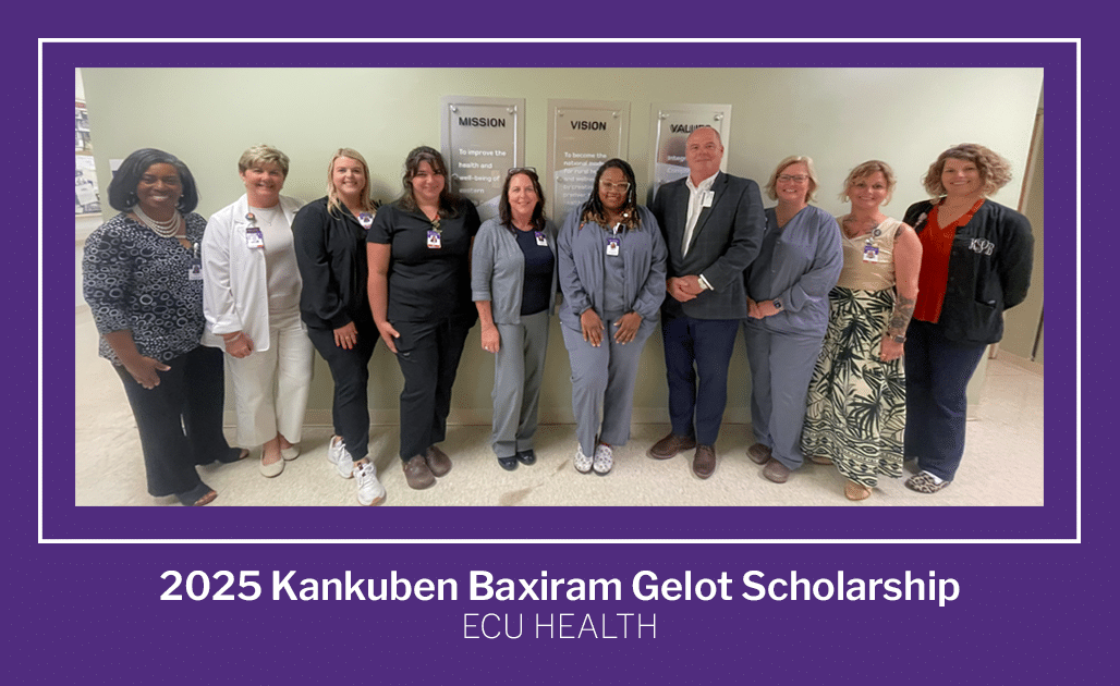 2025KankubenBaxiramGelotScholoarship ECU Health team members pictured from left to right: Wendy Vann, Lisa Rushing, Ashlyn Hurdle, Alexis Harrell, Dee Dee Morris, Tomekia Perry, Brian Harvill, Andrea Blackburn, Kimberly Askew and Kasey Pearce.
