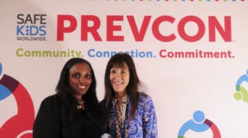 Torine Creppy, president of Safe Kids Worldwide (left), presented the Martha Collar Partnership award to Ellen Walston on behalf of ECIPP at PrevCon in Washington, D.C. on October 15, 2025.