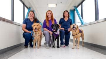 ECU Health's facility dogs pose for a photo with their handlers.
