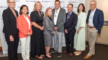 From left to right, Dr. Teresa Anderson, Senior Vice President of Quality at ECU Health Medical Center, Dr. Niti Armistead, Chief Clinical Officer and Chief Quality Officer, ECU Health, Crystal Ashley, RN, BSN, Gail Scheller, RN, AMB-BC, AE-C, Ambulatory Quality Nurse Specialist, Dr. Jeffrey Ray, Dr. Samuel Moskowitz, Wendy VanLandingham, RN, BSN, and Dr. Michael Waldrum, dean of the Brody School of Medicine at East Carolina University and CEO of ECU Health.