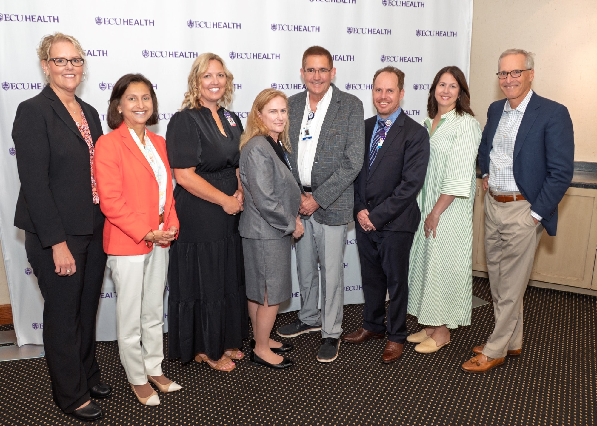 From left to right, Dr. Teresa Anderson, Senior Vice President of Quality at ECU Health Medical Center, Dr. Niti Armistead, Chief Clinical Officer and Chief Quality Officer, ECU Health, Crystal Ashley, RN, BSN, Gail Scheller, RN, AMB-BC, AE-C, Ambulatory Quality Nurse Specialist, Dr. Jeffrey Ray, Dr. Samuel Moskowitz, Wendy VanLandingham, RN, BSN, and Dr. Michael Waldrum, dean of the Brody School of Medicine at East Carolina University and CEO of ECU Health.