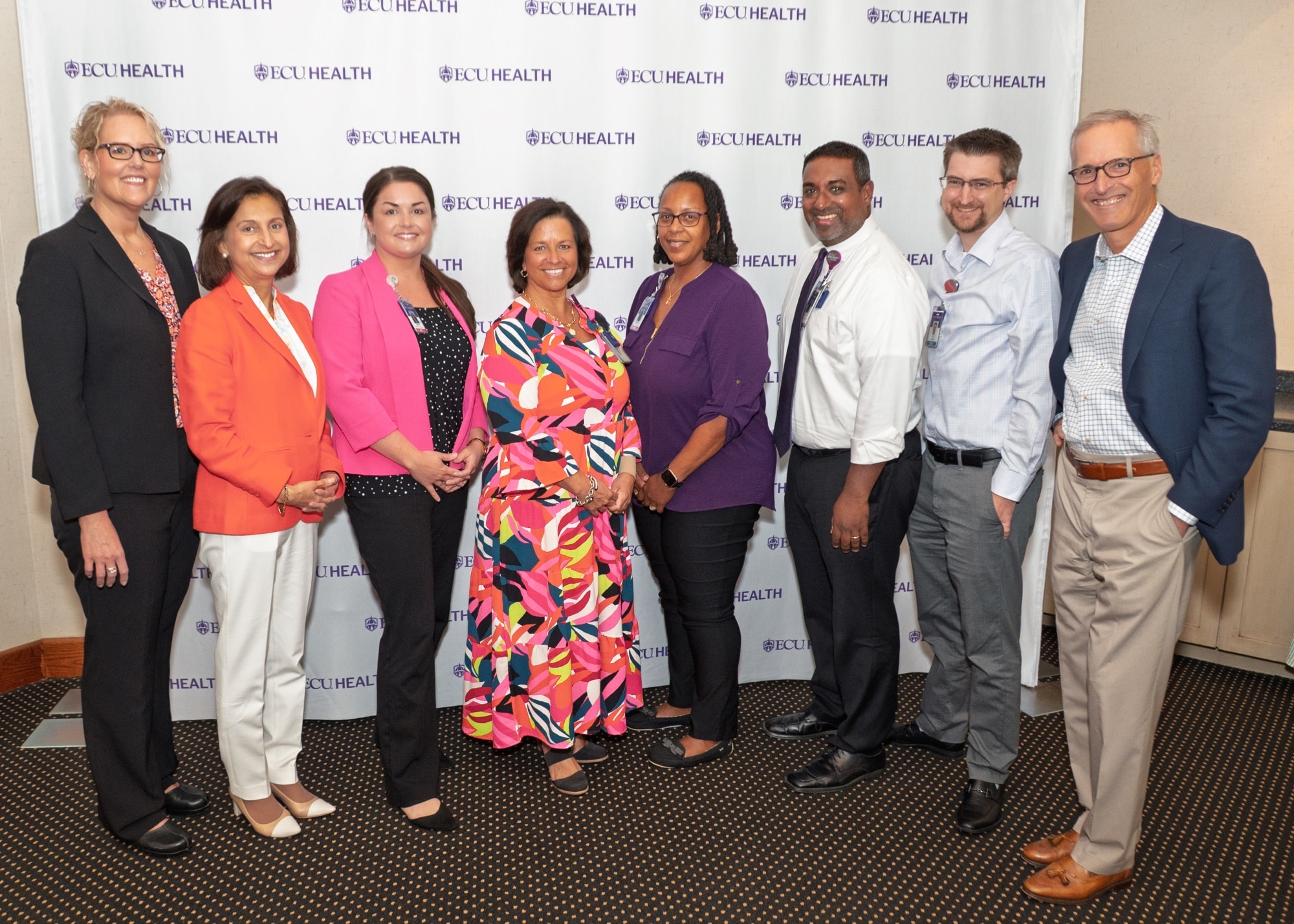 From left to right, Dr. Teresa Anderson, Senior Vice President of Quality at ECU Health Medical Center, Dr. Niti Armistead, Chief Clinical Officer and Chief Quality Officer, ECU Health, Chelsey Shearin, BSN, RN, IP II, Shantea Connell, director, Patient Care services, ECU Health North Hospital, Maryland Hicks, BSN, RN, WCC, QNS II, Aparesh Balla, MPH, QS III, Dr. Jacob Pierce and Dr. Michael Waldrum, dean of the Brody School of Medicine at East Carolina University and CEO of ECU Health.